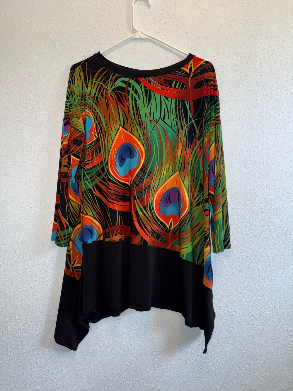 eva varro Black Tunic with Colorful Peacock Feather Print